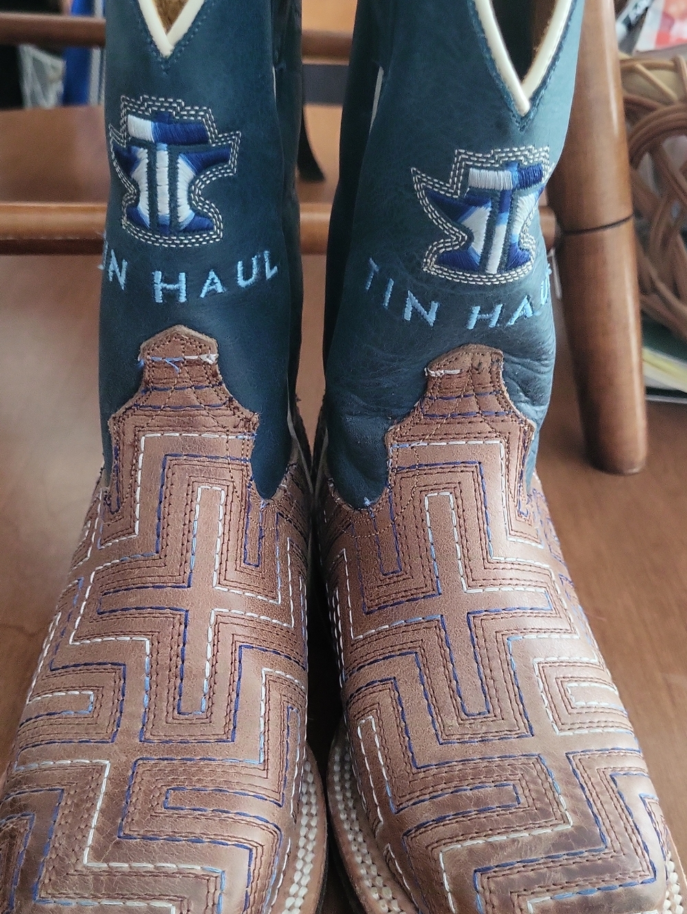 Tin Haul "Maze" Cowboy Boots in Blue and Brown - Kids Size 13